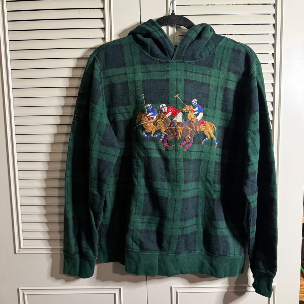 Polo Ralph Lauren Youth XL/Mens S Triple Pony Tartan Green Plaid Hoodie Fleece